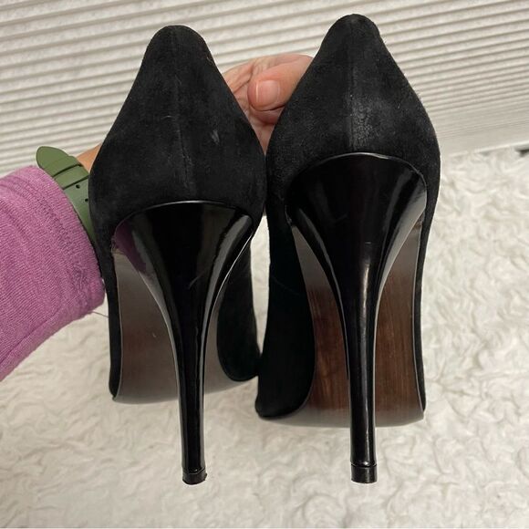STUART WEITZMAN BLACK HIGH HEEL BUCKLE LEATHER PEEP TOE PUMPS SZ 9 M - Picture 6 of 9